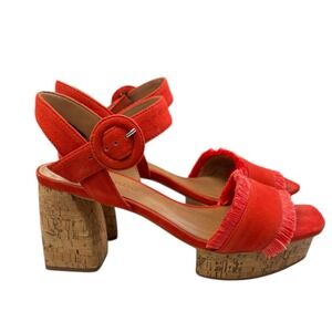 Bernardo Women's Reagan Tomato Suede Cork Heel Sandals Fringe Ankle Strap 7.5